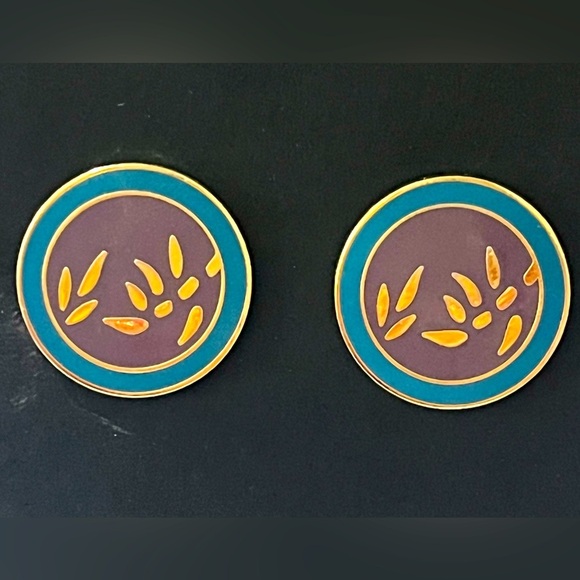 Laurel Burch Teal Purple Enameled GT Metal Bamboo Disk Post Pierced Earrings - Picture 1 of 2